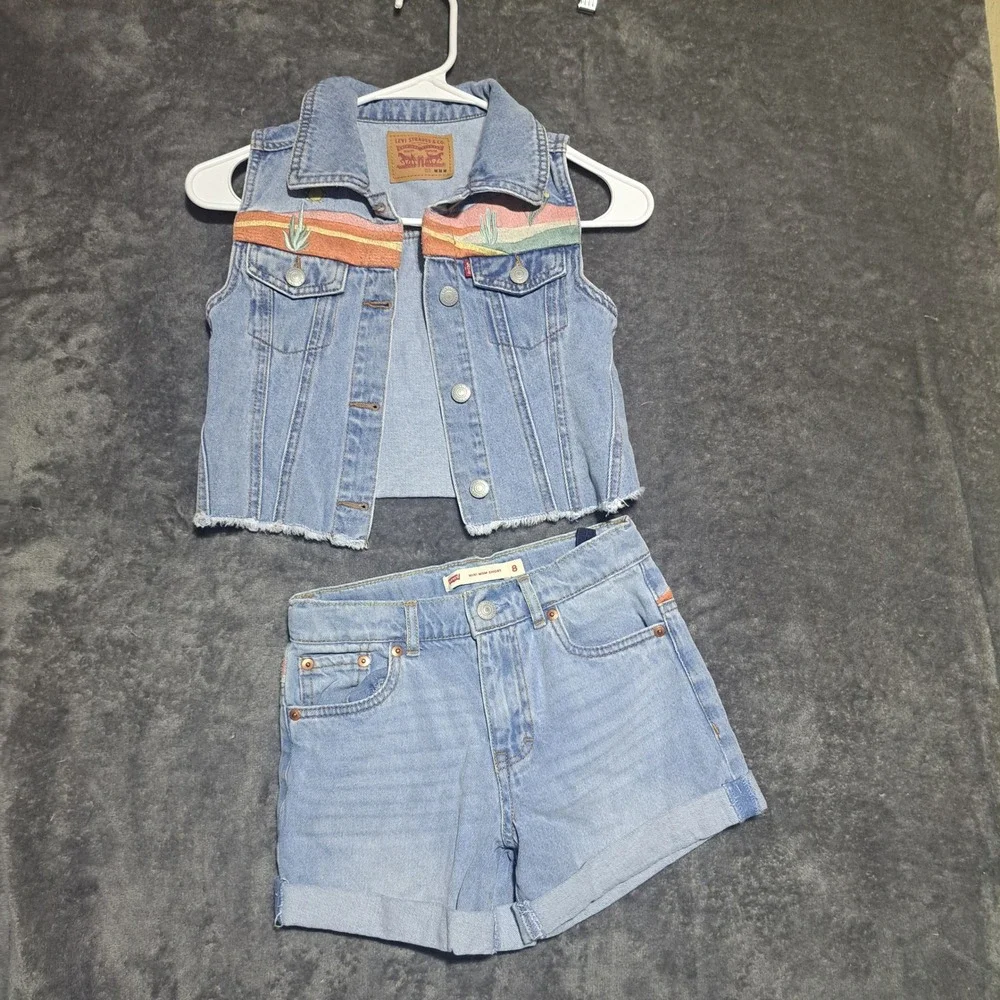 Levi Girls Denim Vest and Mini Mom Shorts Set Blue Cactus Desert Boho Western